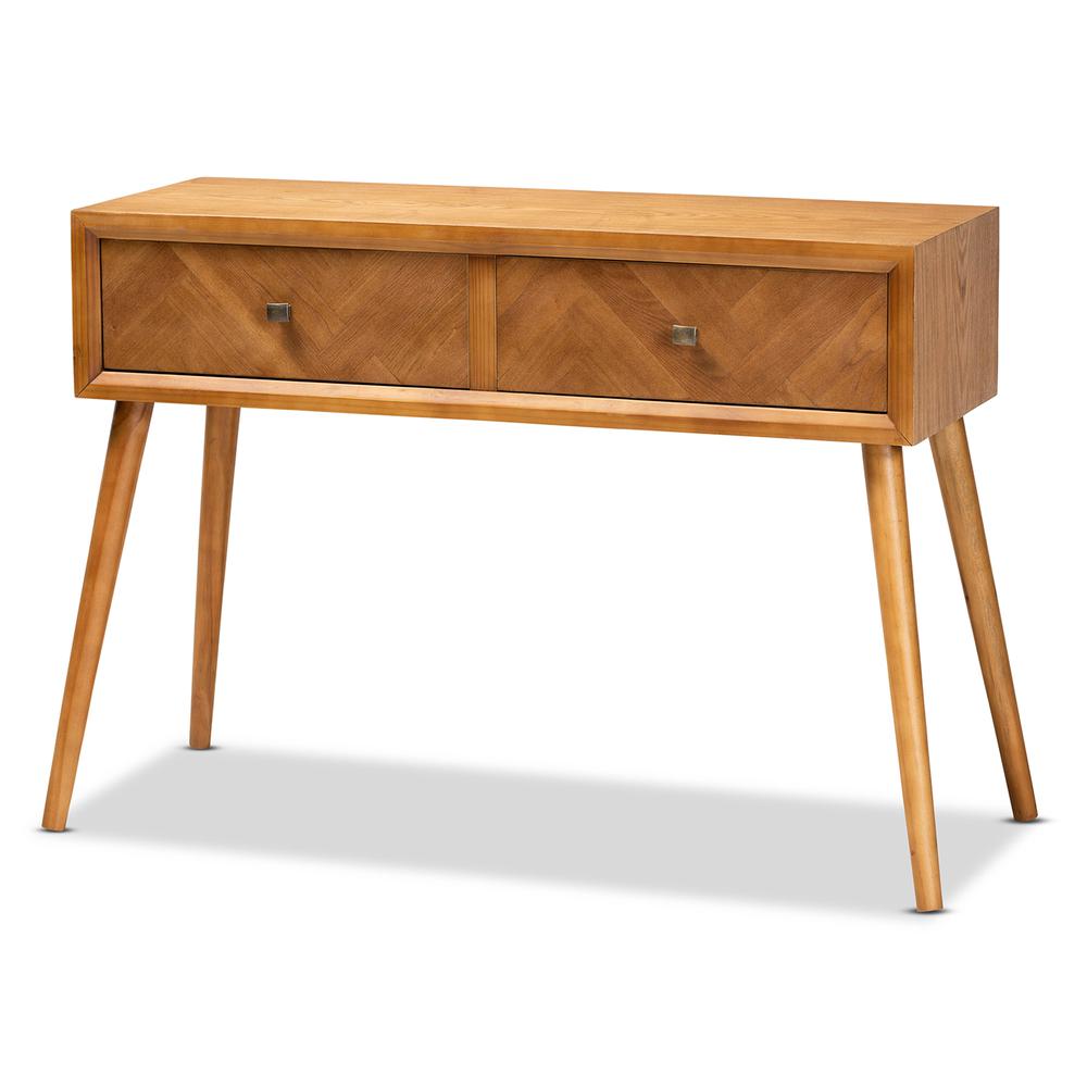 Mae Mid-Century Modern Natural Brown Finished Wood 2-Drawer Console Table. Picture 10