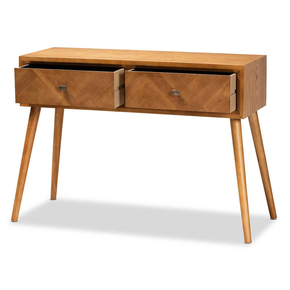 Mae Mid-Century Modern Natural Brown Finished Wood 2-Drawer Console Table. Picture 11