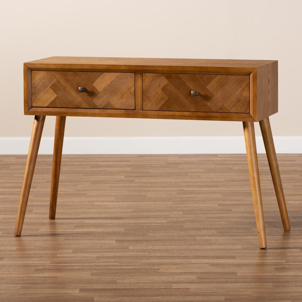 Mae Mid-Century Modern Natural Brown Finished Wood 2-Drawer Console Table. Picture 17