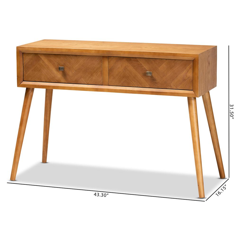 Mae Mid-Century Modern Natural Brown Finished Wood 2-Drawer Console Table. Picture 18