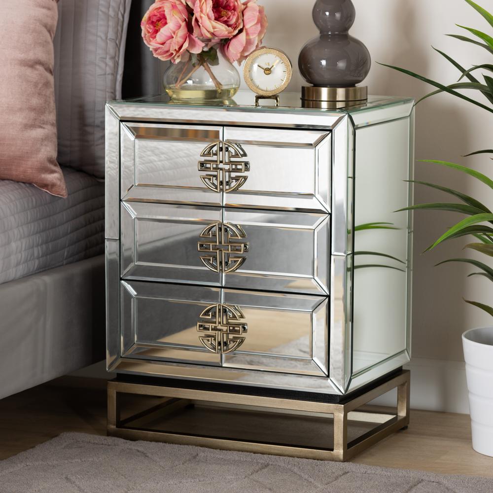 Laken Contemporary Glam and Luxe Mirrored and Antique Bronze Finished 3-Drawer Nightstand. Picture 9
