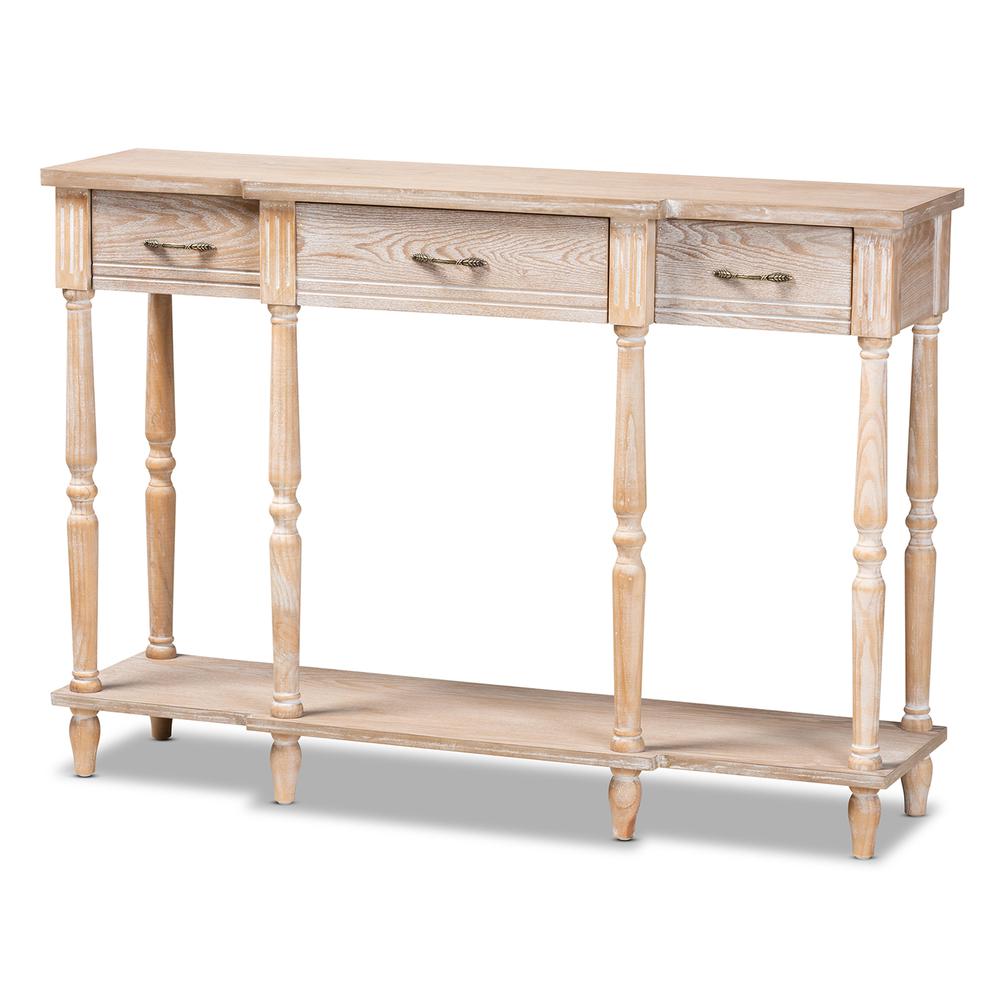 Provincial Rustic Whitewashed Oak Brown Finished Wood 3-Drawer Console Table. Picture 10