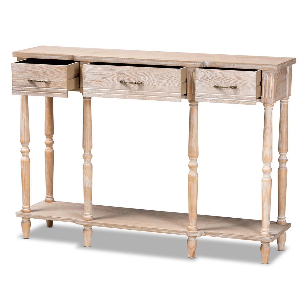 Provincial Rustic Whitewashed Oak Brown Finished Wood 3-Drawer Console Table. Picture 11