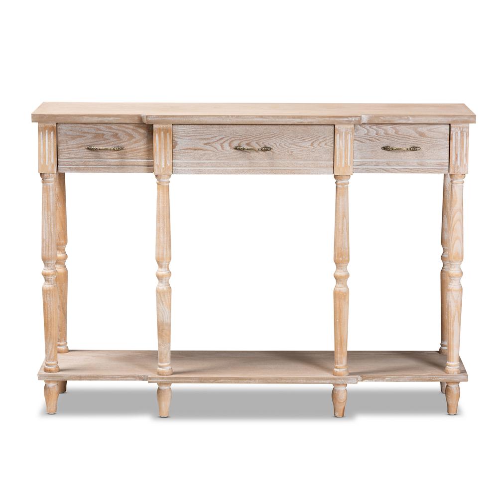 Provincial Rustic Whitewashed Oak Brown Finished Wood 3-Drawer Console Table. Picture 12