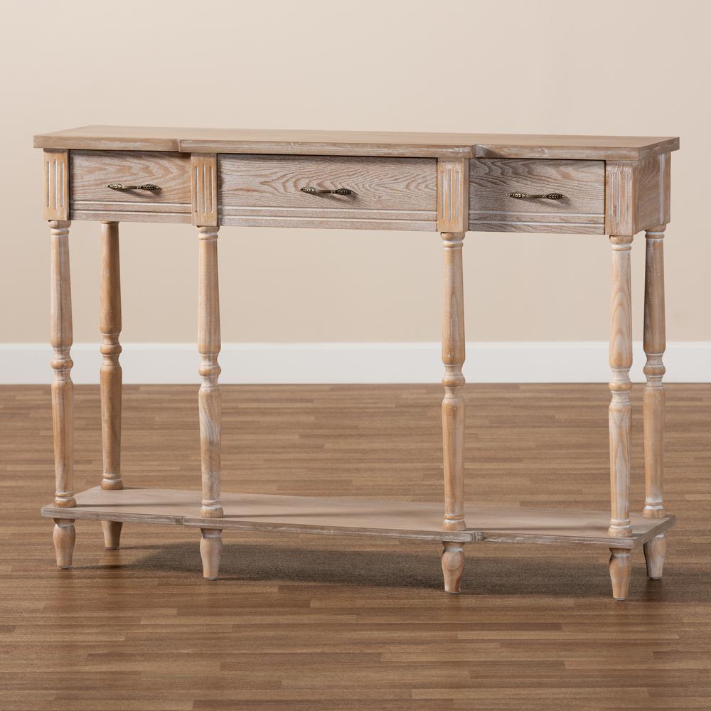 Provincial Rustic Whitewashed Oak Brown Finished Wood 3-Drawer Console Table. Picture 17