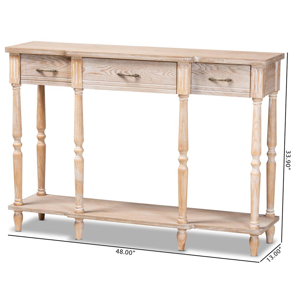 Provincial Rustic Whitewashed Oak Brown Finished Wood 3-Drawer Console Table. Picture 18