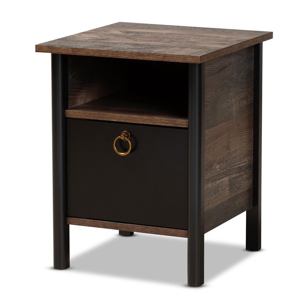 Two-Tone Rustic Brown and Black Finished Wood Nightstand. Picture 9
