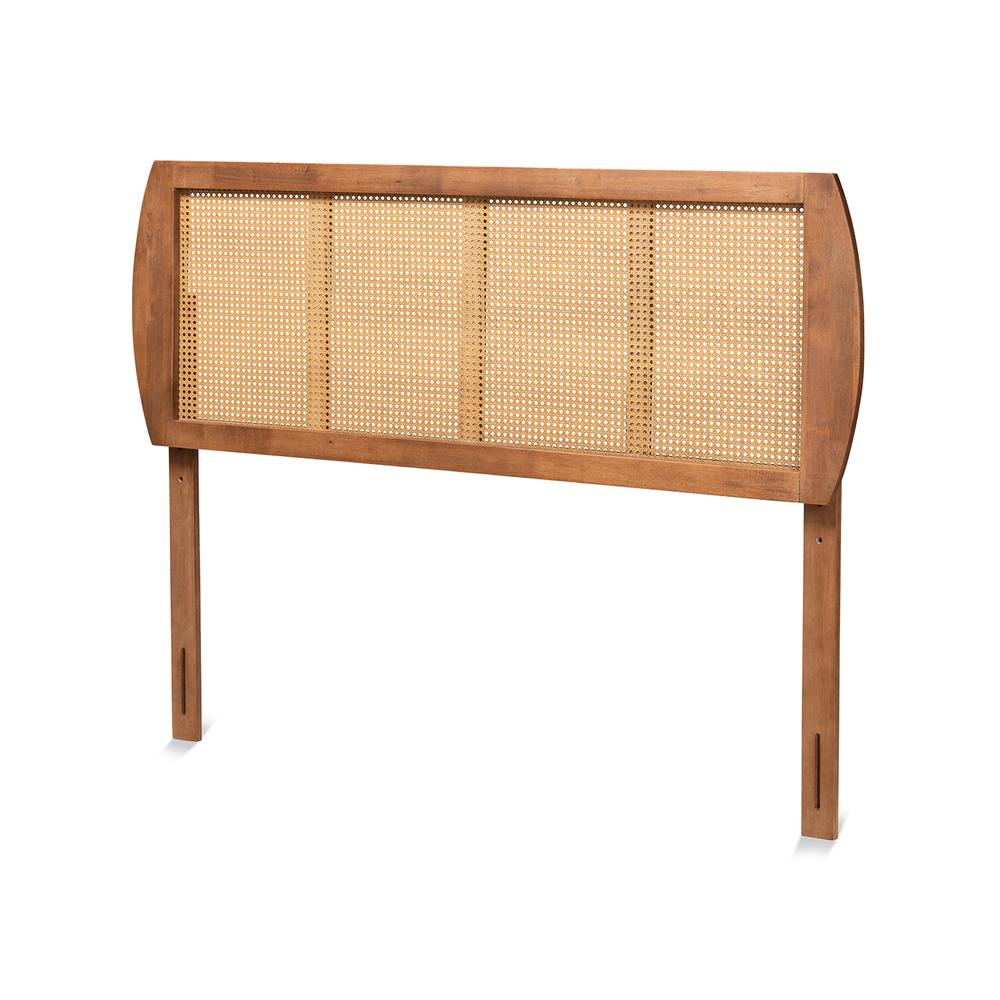 Modern Ash Walnut Finished Wood and Synthetic Rattan Full Size Headboard. Picture 9