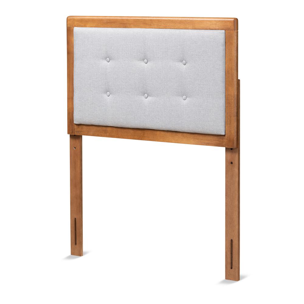Light Grey Fabric Upholstered and Walnut Brown Finished Wood Twin Size Headboard. Picture 7