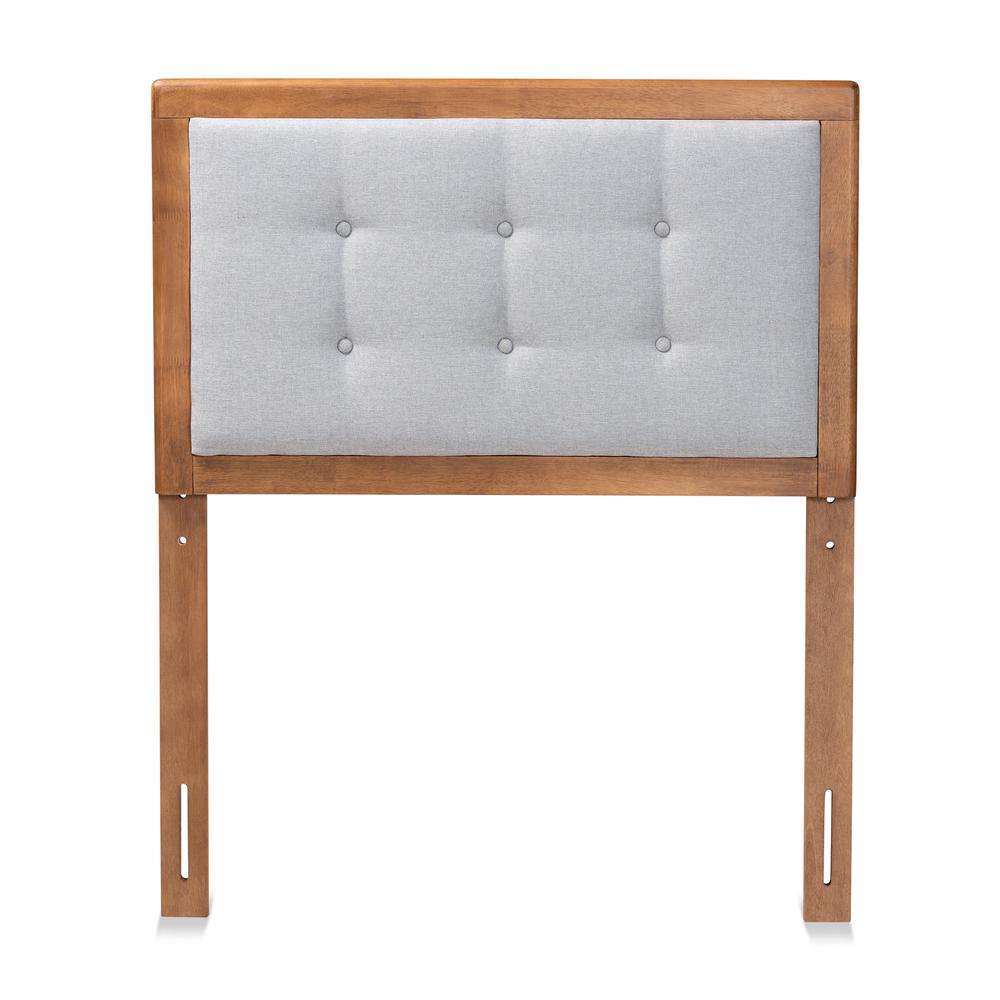 Light Grey Fabric Upholstered and Walnut Brown Finished Wood Twin Size Headboard. Picture 8