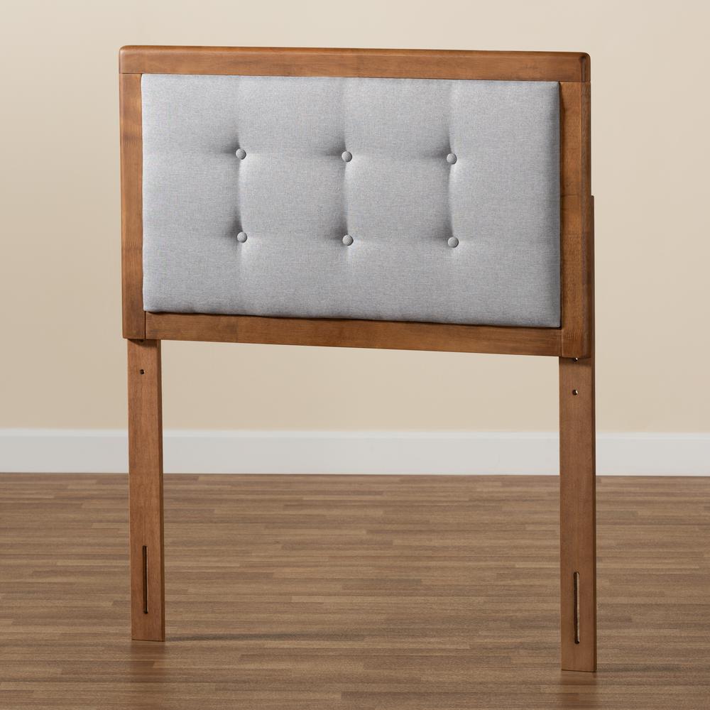Light Grey Fabric Upholstered and Walnut Brown Finished Wood Twin Size Headboard. Picture 10