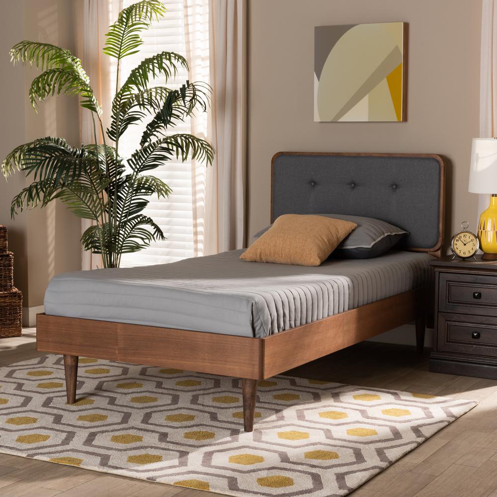 Dark Grey Fabric Upholstered and Ash Walnut Finished Wood Twin Size Platform Bed. Picture 15