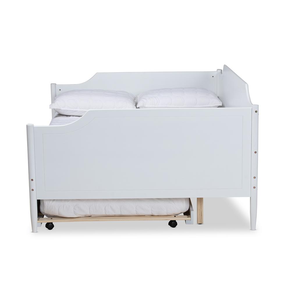 Farmhouse White Finished Wood Full Size Daybed with Roll-Out Trundle Bed. Picture 15