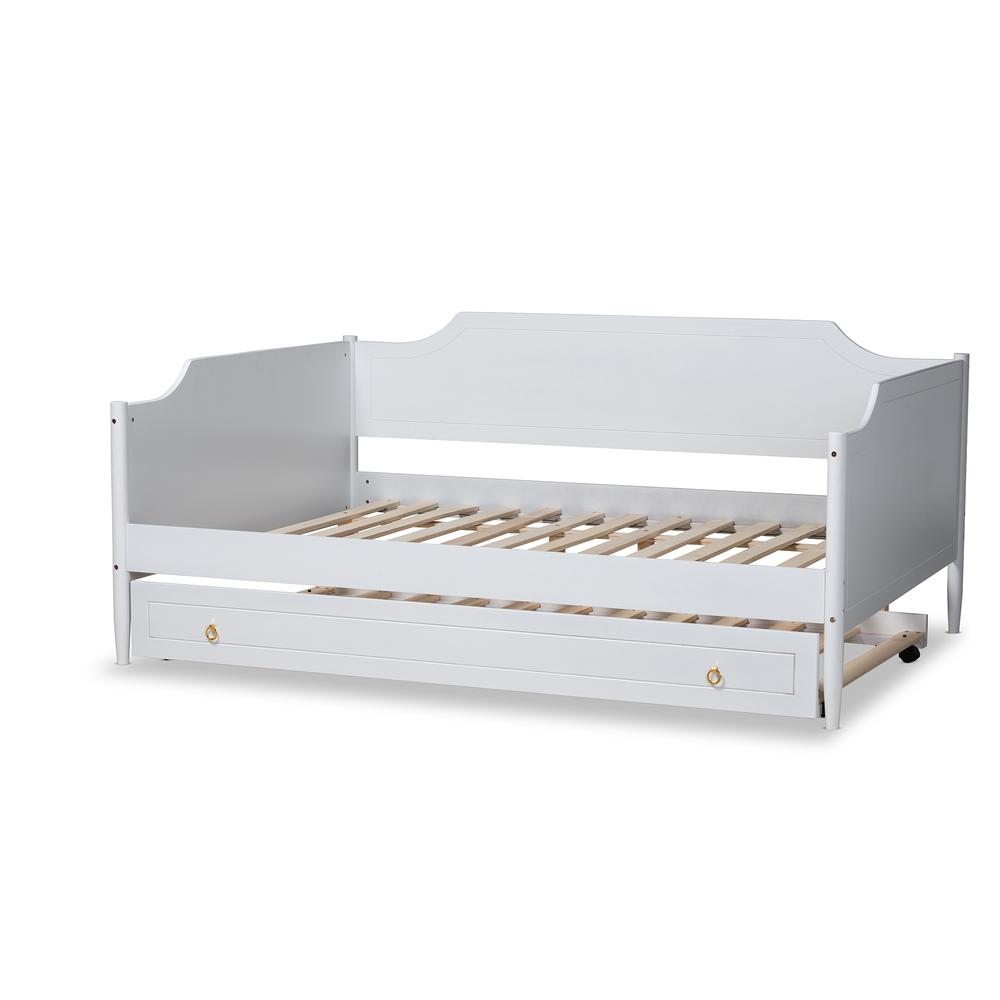 Farmhouse White Finished Wood Full Size Daybed with Roll-Out Trundle Bed. Picture 16