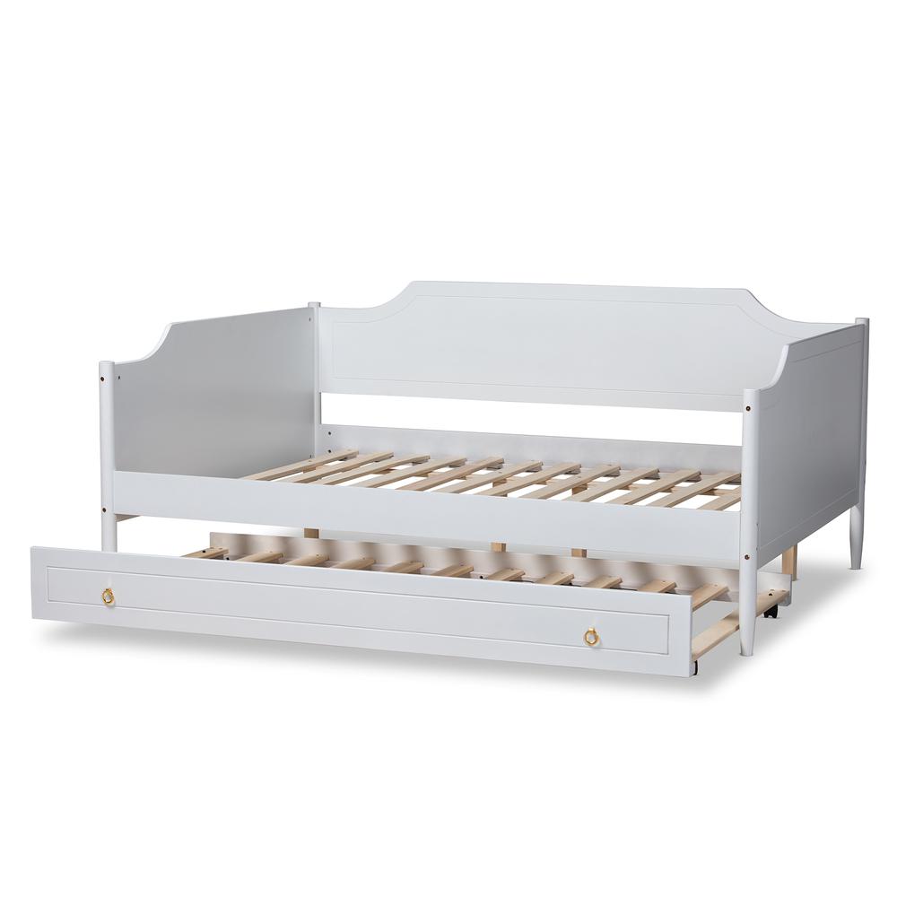 Farmhouse White Finished Wood Full Size Daybed with Roll-Out Trundle Bed. Picture 17