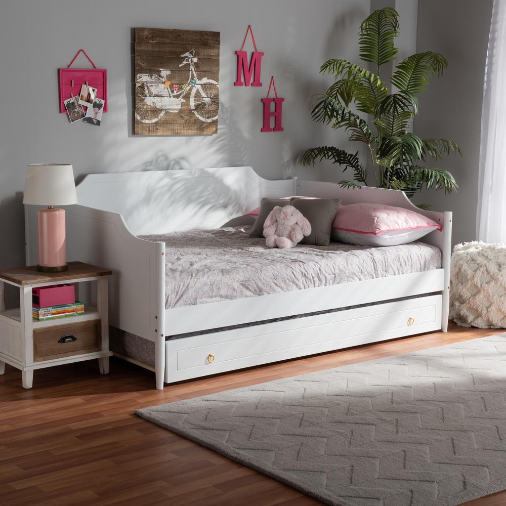 Farmhouse White Finished Wood Full Size Daybed with Roll-Out Trundle Bed. Picture 13