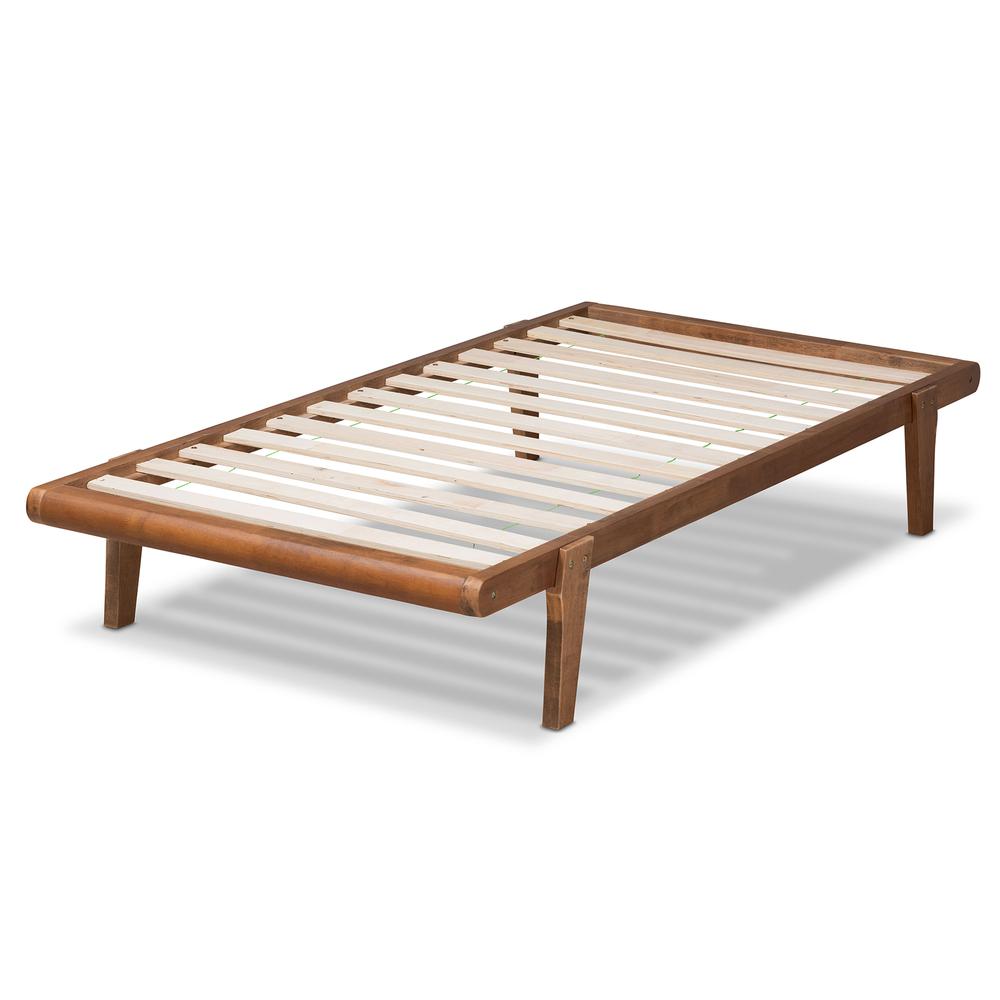 Kaia Mid-Century Modern Walnut Brown Finished Wood Twin Size Platform Bed Frame. Picture 10