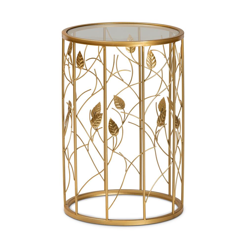 Glam Brushed Gold Finished Metal and Glass Leaf Accent End Table. Picture 8