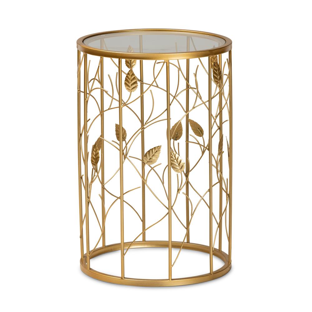 Glam Brushed Gold Finished Metal and Glass Leaf Accent End Table. Picture 9
