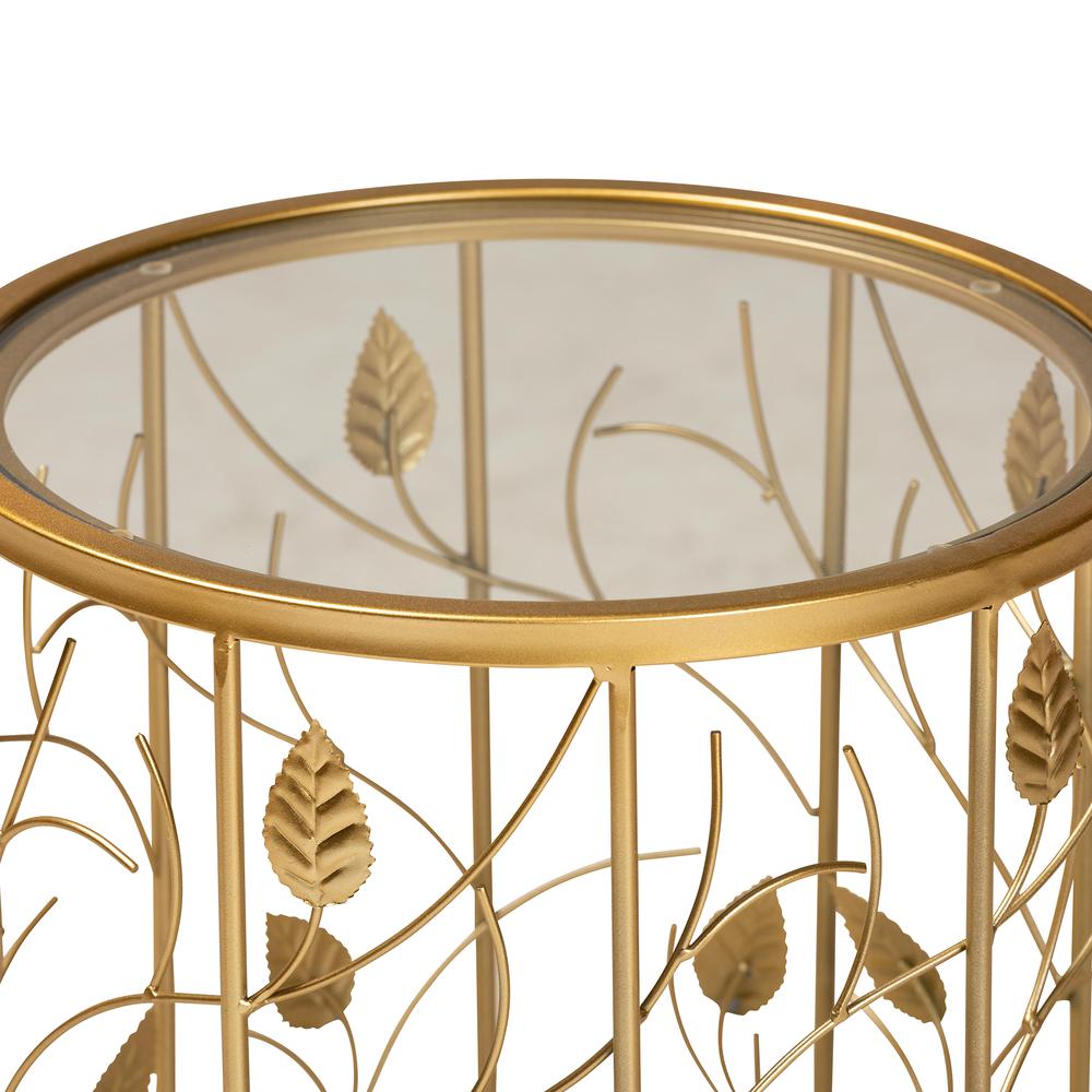 Glam Brushed Gold Finished Metal and Glass Leaf Accent End Table. Picture 11