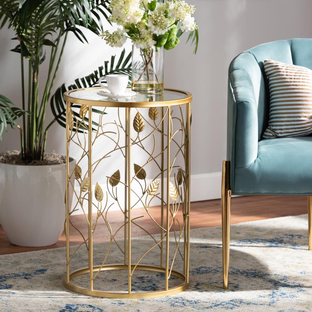 Glam Brushed Gold Finished Metal and Glass Leaf Accent End Table. Picture 12