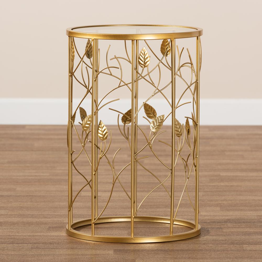 Glam Brushed Gold Finished Metal and Glass Leaf Accent End Table. Picture 13