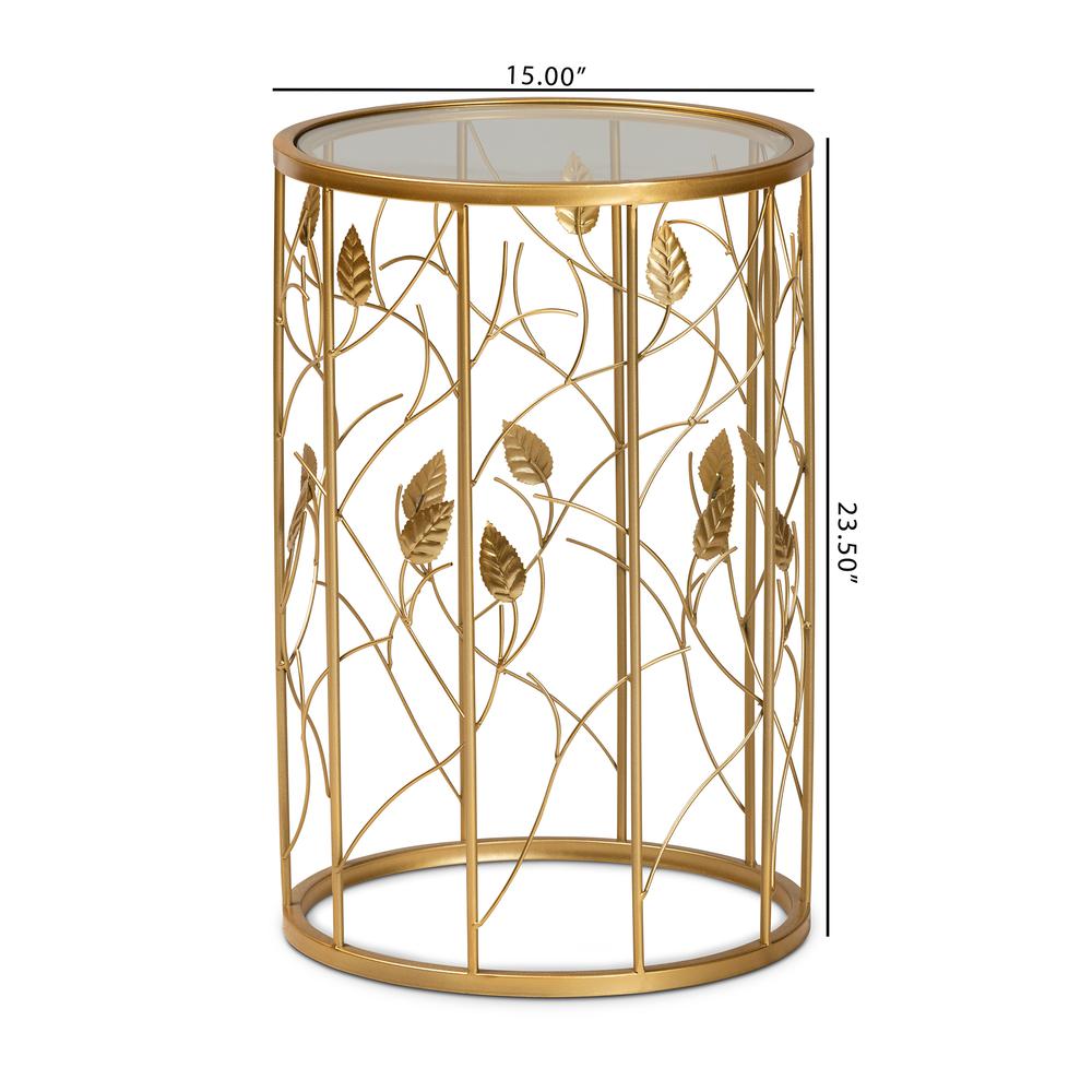 Glam Brushed Gold Finished Metal and Glass Leaf Accent End Table. Picture 14