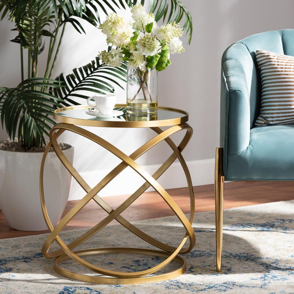 Desma Glam and Luxe Gold Finished Metal and Mirrored Glass End Table. Picture 10
