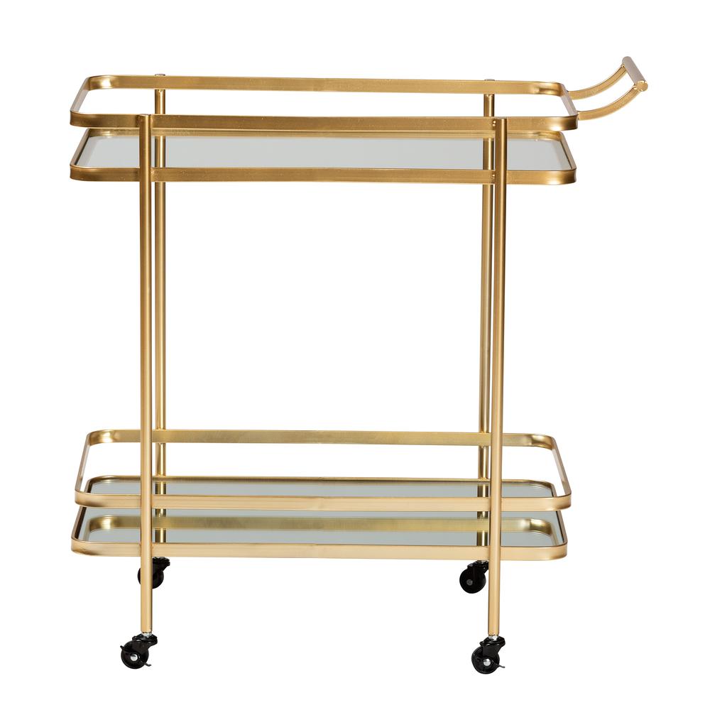 Glam Brushed Gold Finished Metal and Mirrored Glass 2-Tier Mobile Wine Bar Cart. Picture 10