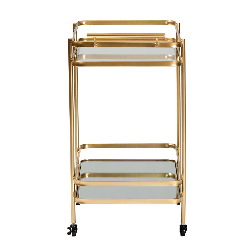 Glam Brushed Gold Finished Metal and Mirrored Glass 2-Tier Mobile Wine Bar Cart. Picture 11