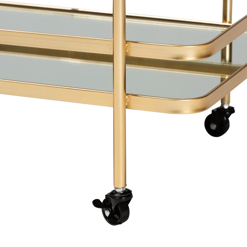 Glam Brushed Gold Finished Metal and Mirrored Glass 2-Tier Mobile Wine Bar Cart. Picture 13