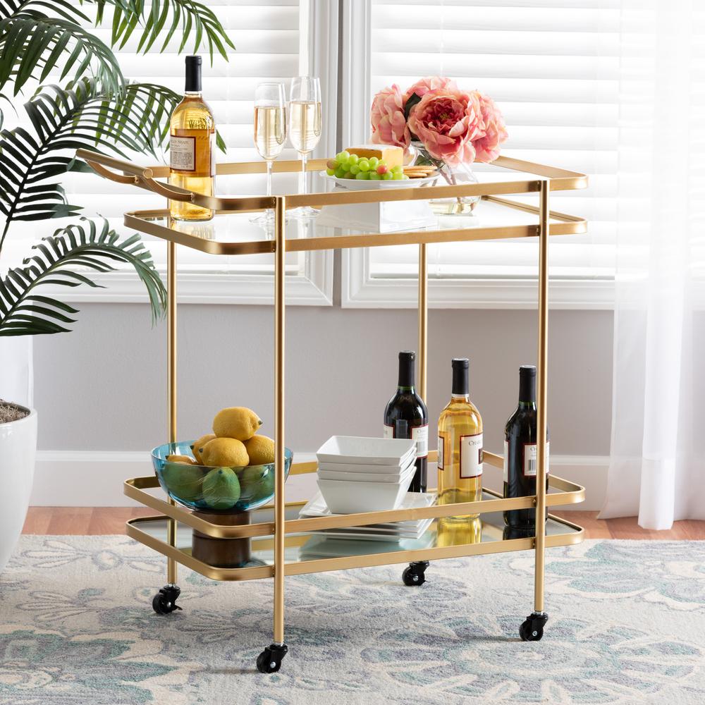 Glam Brushed Gold Finished Metal and Mirrored Glass 2-Tier Mobile Wine Bar Cart. Picture 14