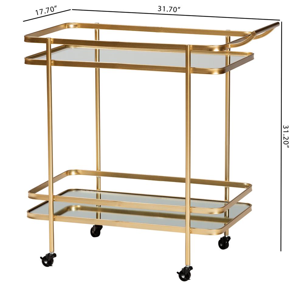 Glam Brushed Gold Finished Metal and Mirrored Glass 2-Tier Mobile Wine Bar Cart. Picture 16