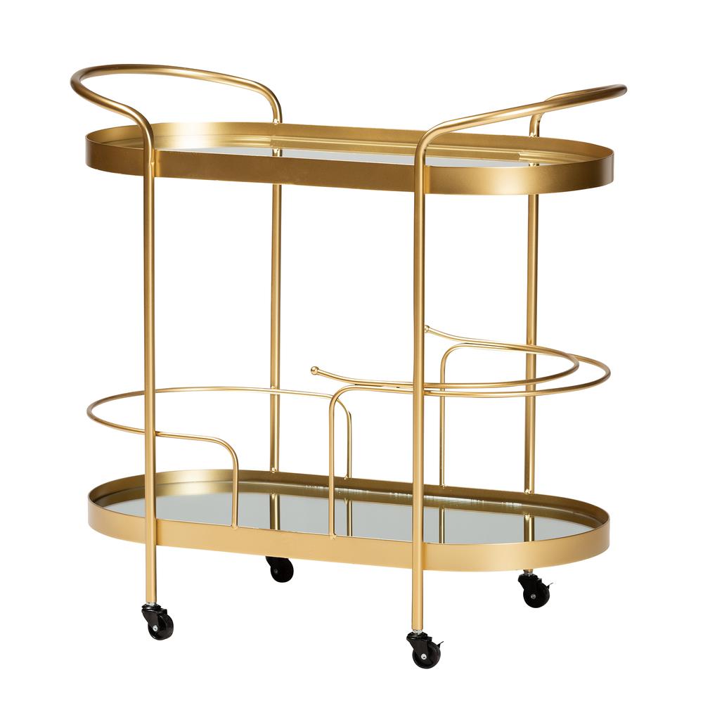 Glam Brushed Gold Finished Metal and Mirrored Glass 2-Tier Mobile Wine Bar Cart. Picture 9
