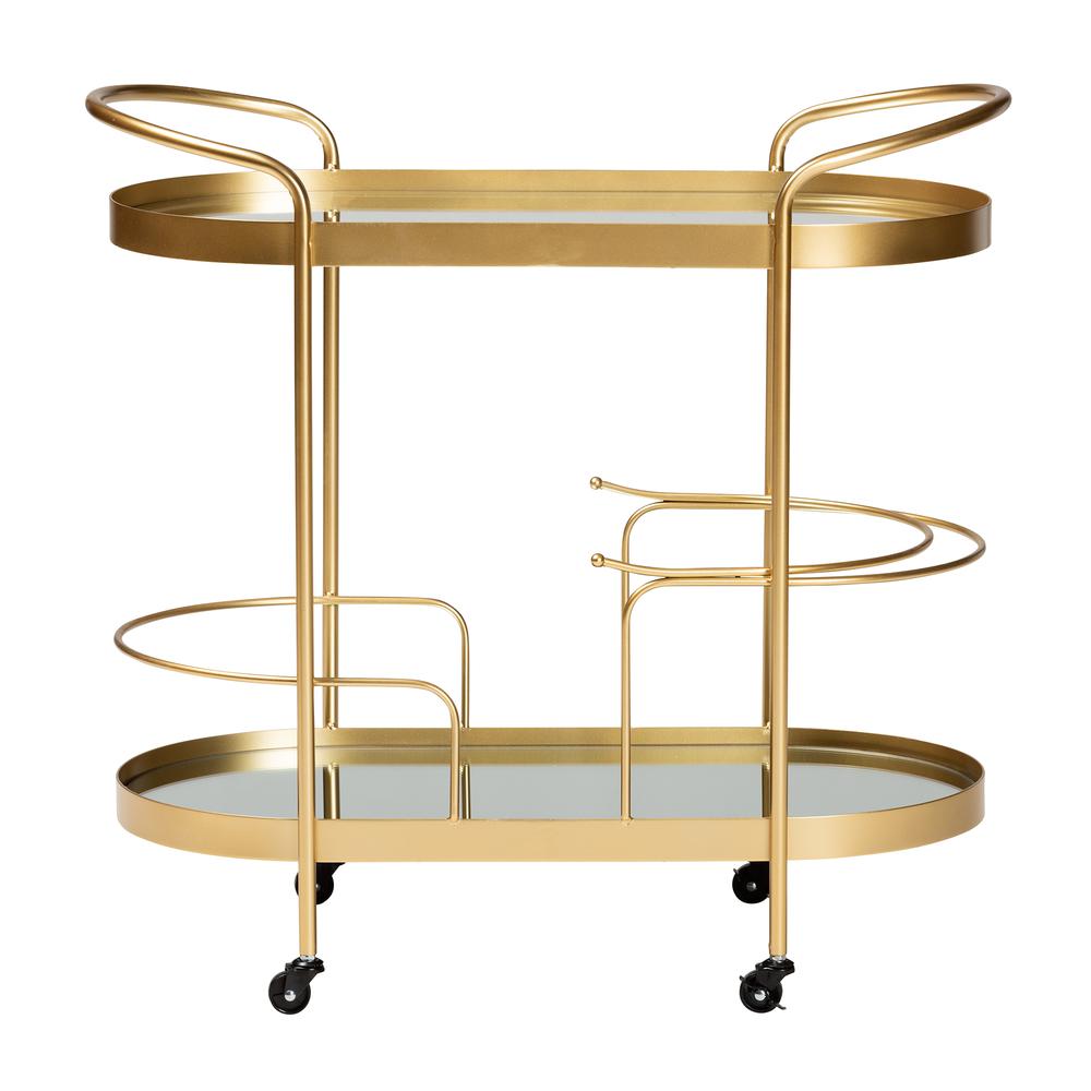 Glam Brushed Gold Finished Metal and Mirrored Glass 2-Tier Mobile Wine Bar Cart. Picture 10