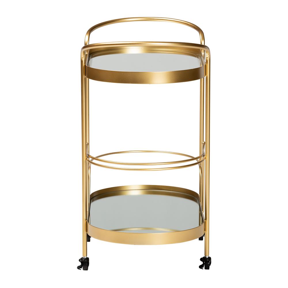 Glam Brushed Gold Finished Metal and Mirrored Glass 2-Tier Mobile Wine Bar Cart. Picture 11