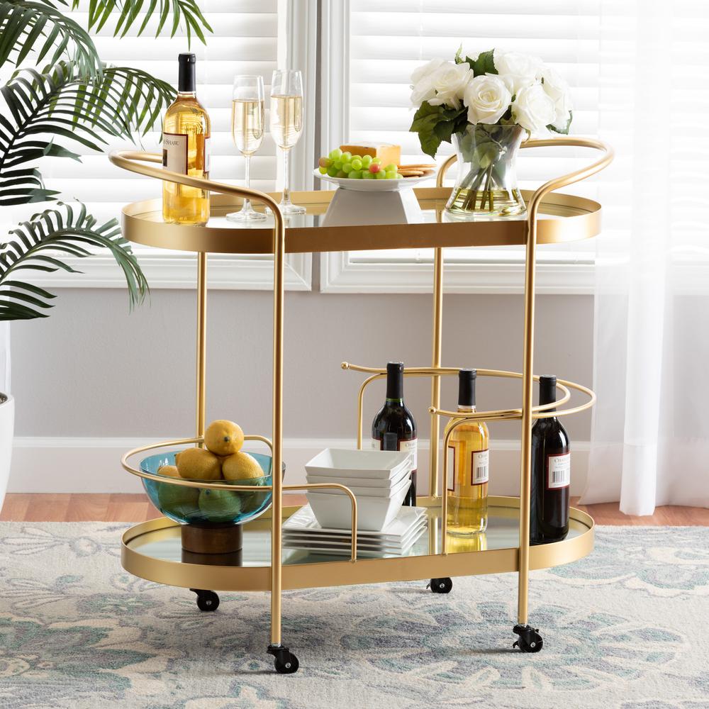 Glam Brushed Gold Finished Metal and Mirrored Glass 2-Tier Mobile Wine Bar Cart. Picture 14