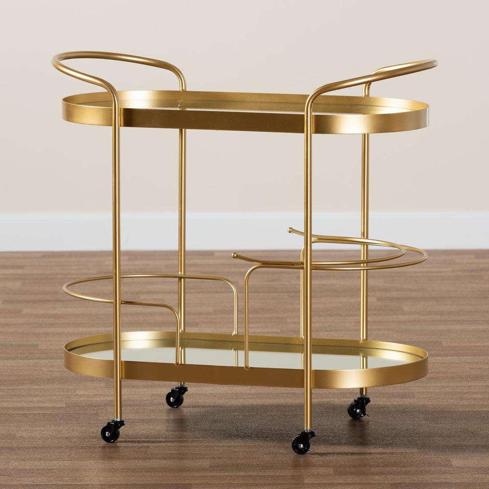 Glam Brushed Gold Finished Metal and Mirrored Glass 2-Tier Mobile Wine Bar Cart. Picture 15