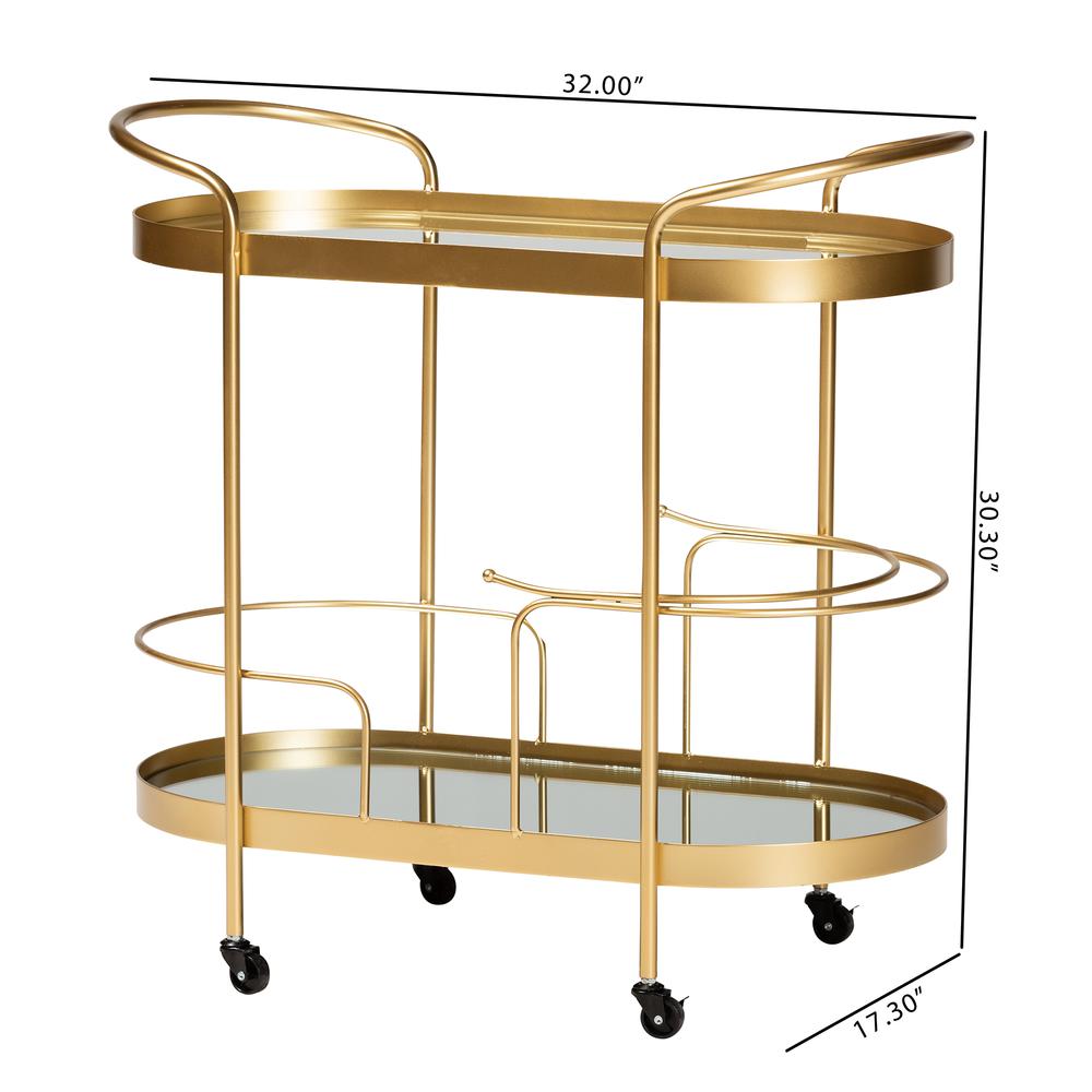 Glam Brushed Gold Finished Metal and Mirrored Glass 2-Tier Mobile Wine Bar Cart. Picture 16