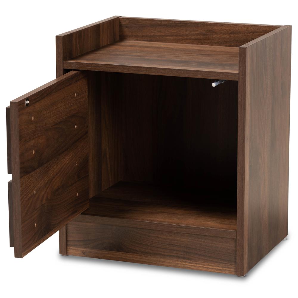 Hale Modern and Contemporary Walnut Brown Finished Wood 1-Door Nightstand. Picture 10
