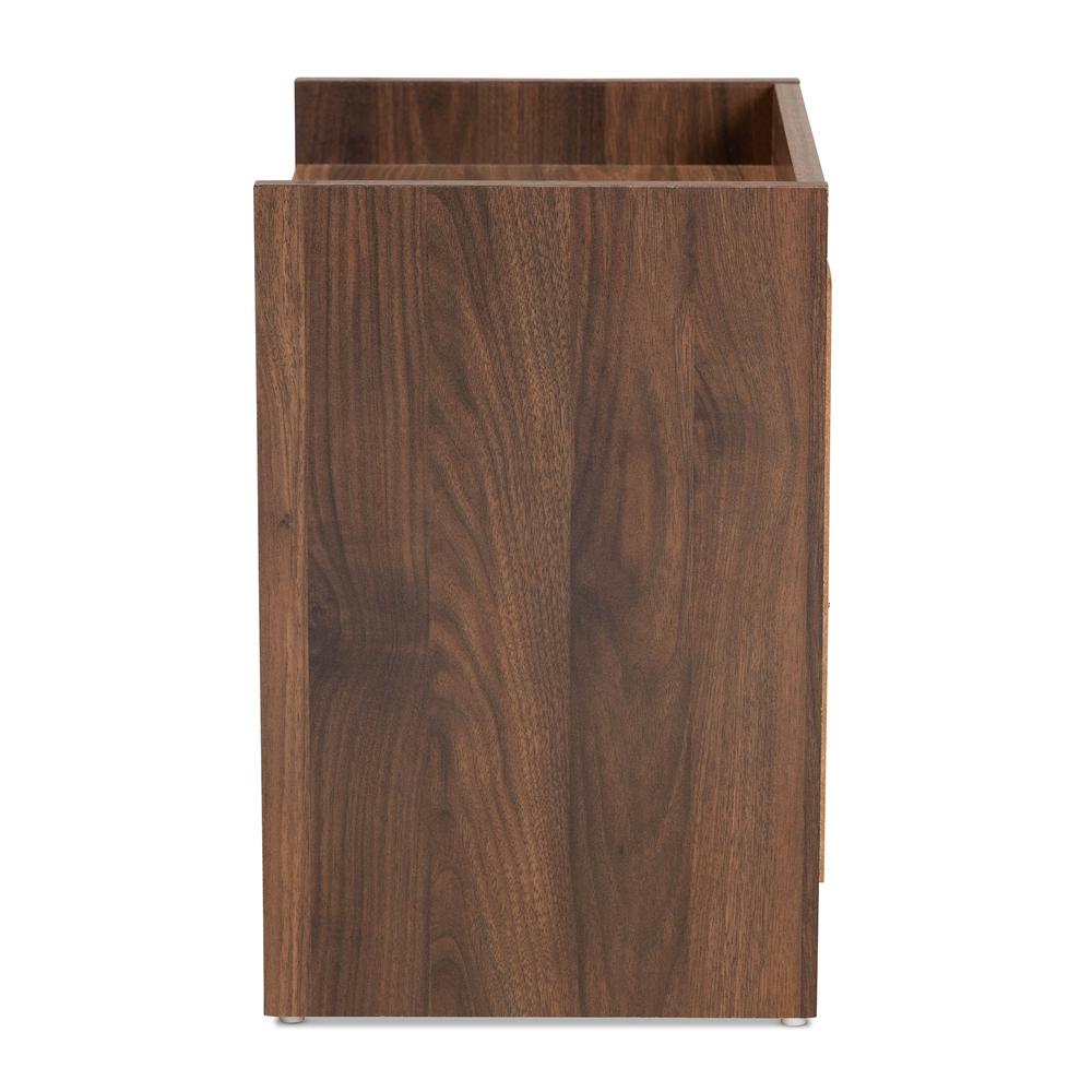 Hale Modern and Contemporary Walnut Brown Finished Wood 1-Door Nightstand. Picture 12