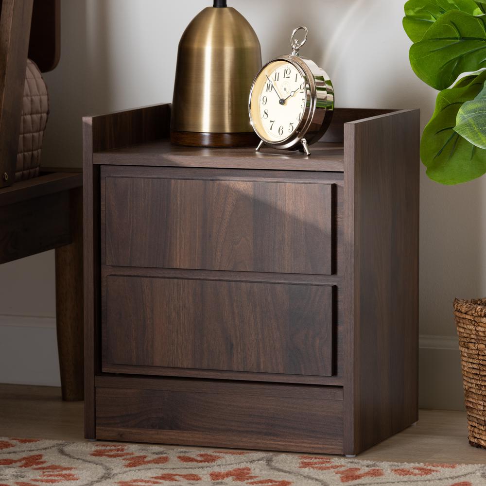 Hale Modern and Contemporary Walnut Brown Finished Wood 1-Door Nightstand. Picture 14