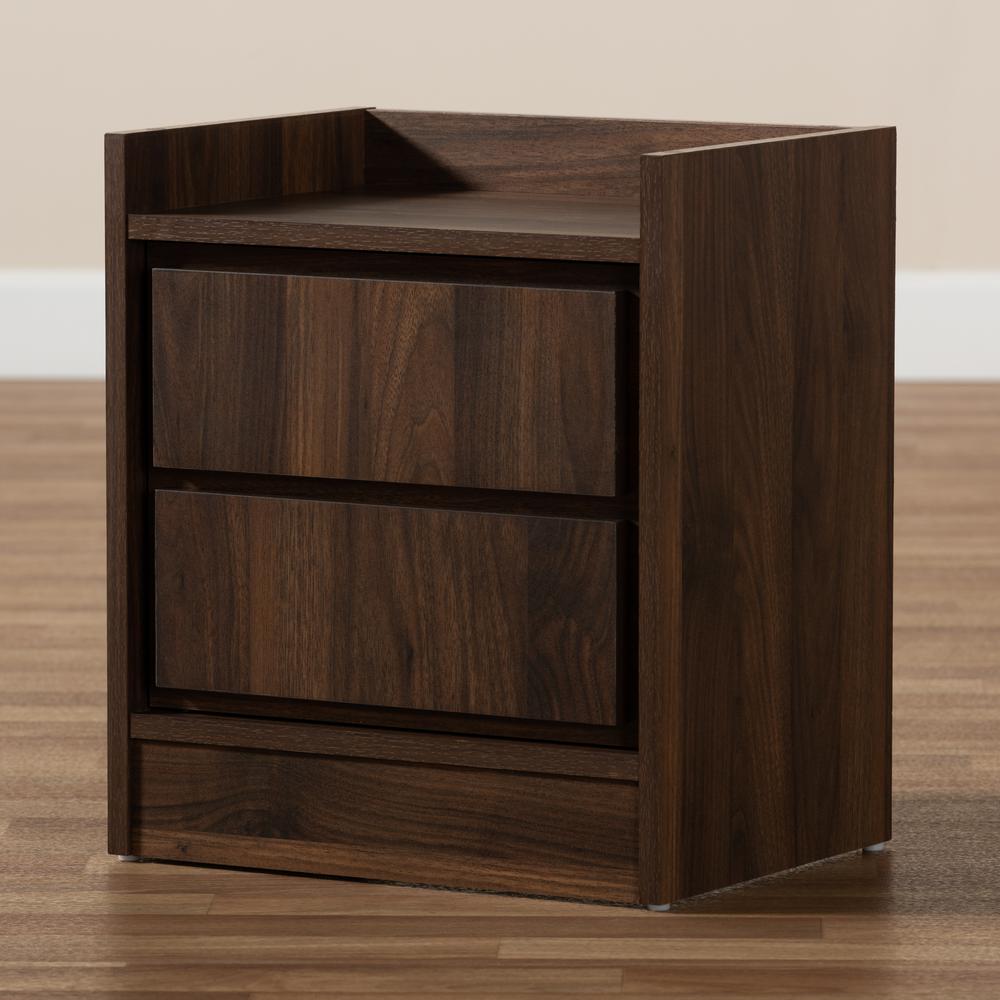 Hale Modern and Contemporary Walnut Brown Finished Wood 1-Door Nightstand. Picture 15