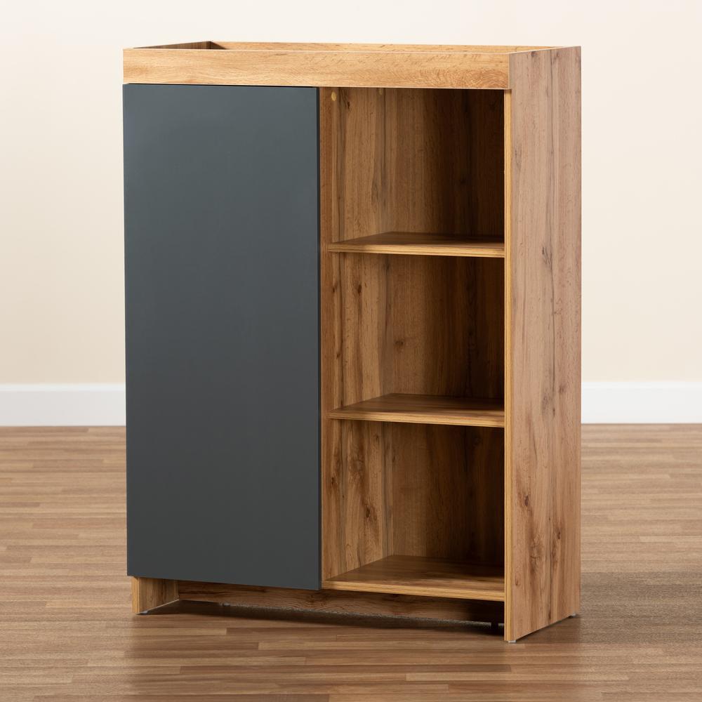 Two-Tone Grey and Oak Brown Finished Wood Shoe Cabinet. Picture 17