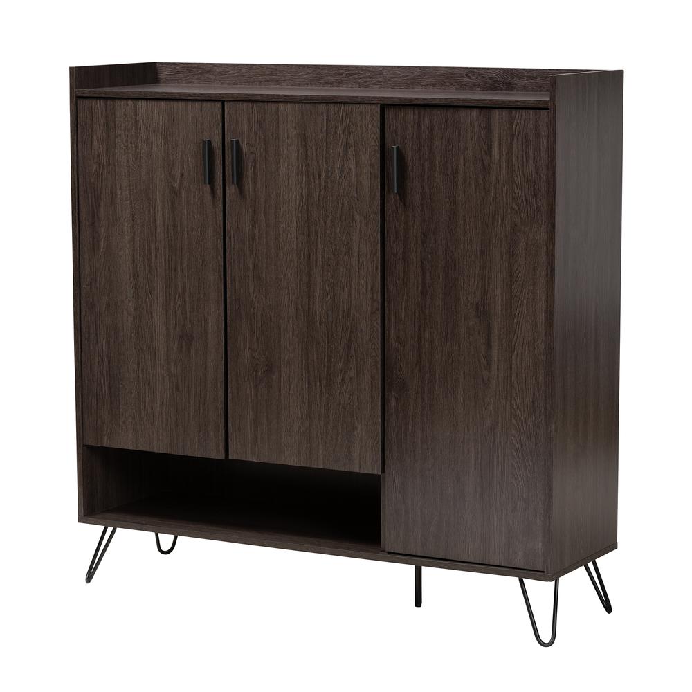 Baldor Modern and Contemporary Dark Brown Finished Wood 3-Door Shoe Cabinet. Picture 12
