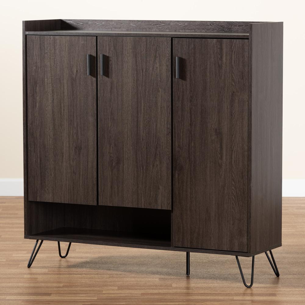 Baldor Modern and Contemporary Dark Brown Finished Wood 3-Door Shoe Cabinet. Picture 21