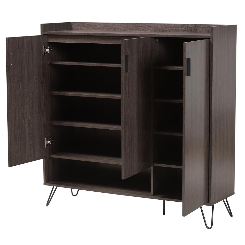 Baldor Modern and Contemporary Dark Brown Finished Wood 3-Door Shoe Cabinet. Picture 13