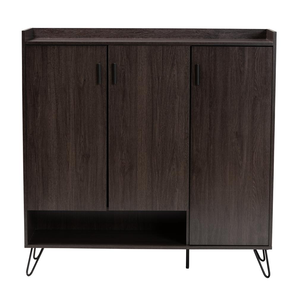 Baldor Modern and Contemporary Dark Brown Finished Wood 3-Door Shoe Cabinet. Picture 14