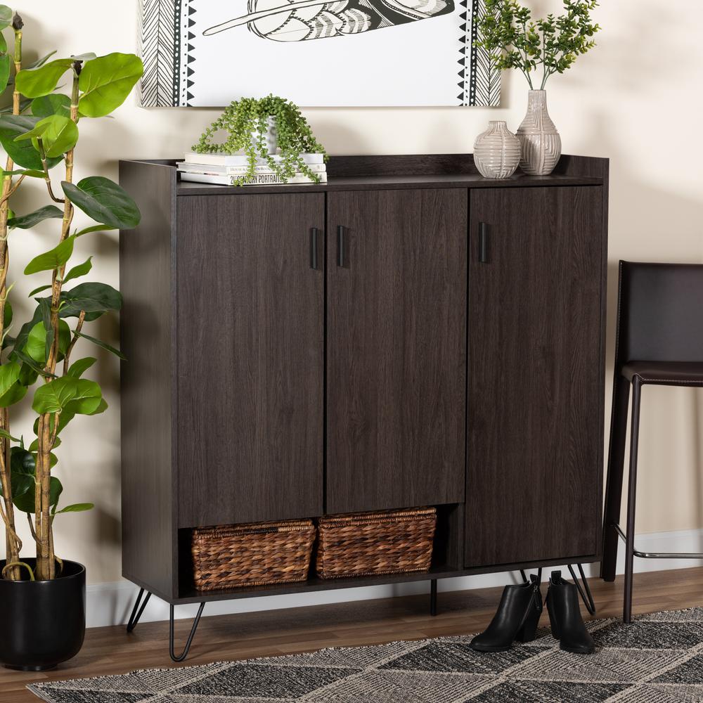 Baldor Modern and Contemporary Dark Brown Finished Wood 3-Door Shoe Cabinet. Picture 19