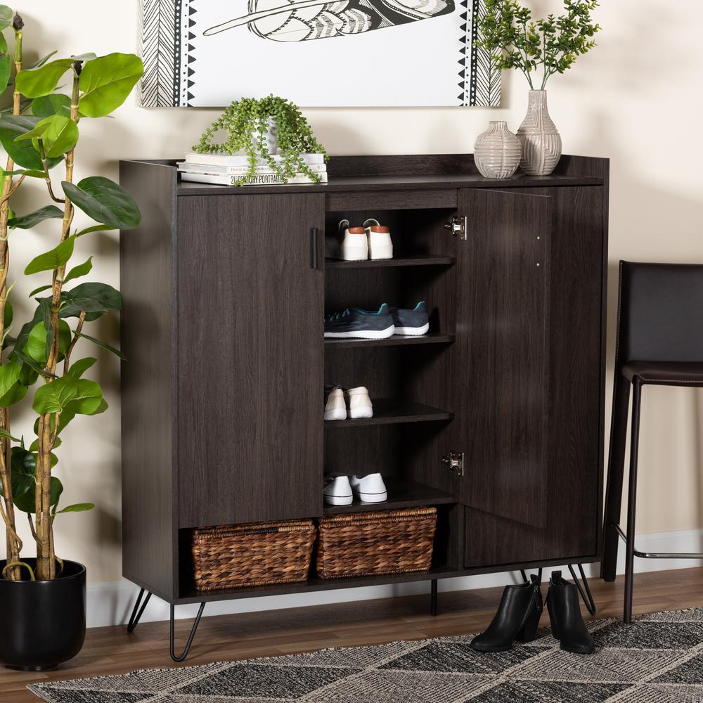 Baldor Modern and Contemporary Dark Brown Finished Wood 3-Door Shoe Cabinet. Picture 20
